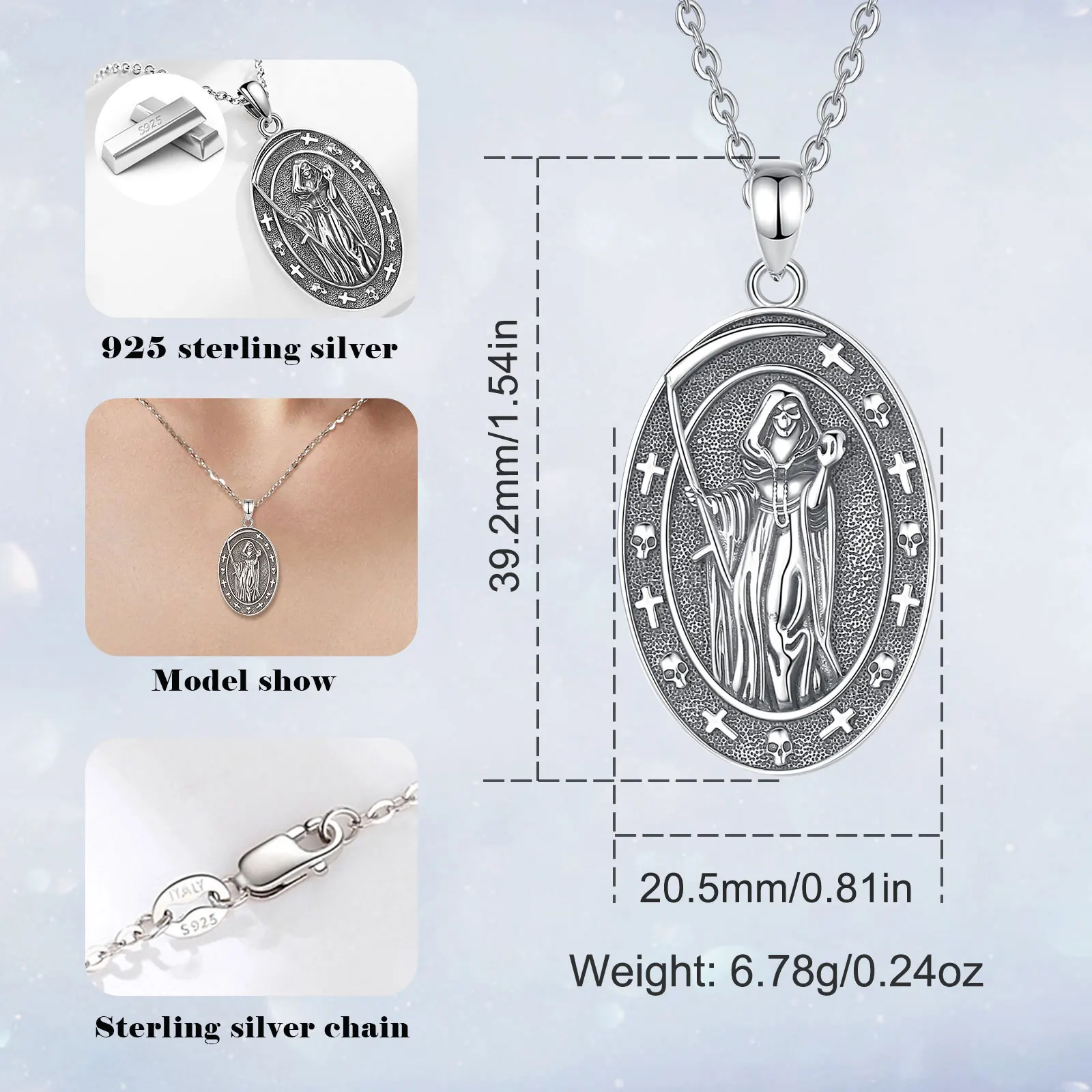 925 Sterling Silver honey Death Scythe Necklace for Women Man Vintage Santa Muerte Mexican Pendant Personality Jewelry pendant necklace silver necklace silver pendant silver necklace charms