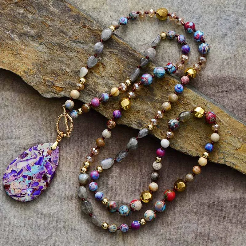 Vibrant Natural Stone Beads Reiki Teardrop Pendant Necklaces Knotted Meditation Yoga Necklace Jewelry