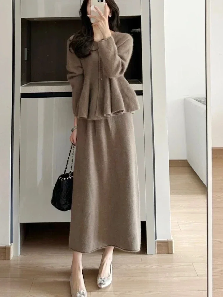 

Knitted Cardigan Sweater Top A-line Skirt Sets Women Clothing Two Piece Sets Womens Outifits Autumn Winter Solid Single Breasted