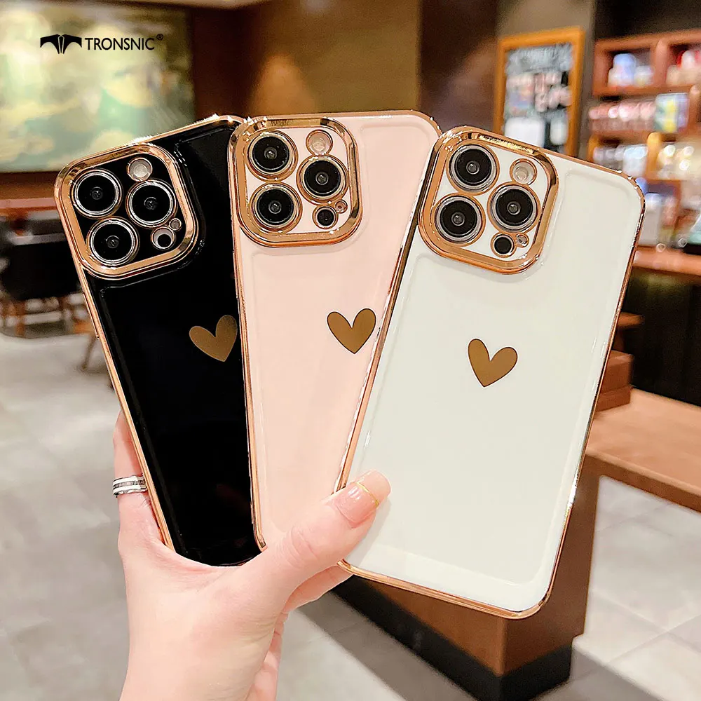 Custodia Protettiva Per Fotocamera Gold Love Heart Per Iphone 14 13 Pro Max Luxury Soft Eletroplaccato Colorato Luxury Pink Cover Fashion