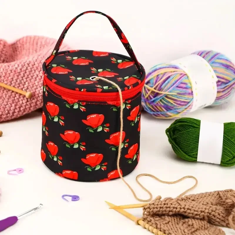 Portable round yarn storage bag knitting bag threaded hole pipe crochet hook tool 1pc