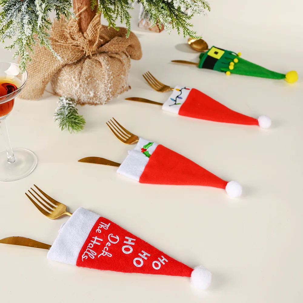 Christmas Tableware Holder Bags Christmas Hat Fork Knife Cutlery Bags Christmas Party Decorations Xmax New Year Table Ornament