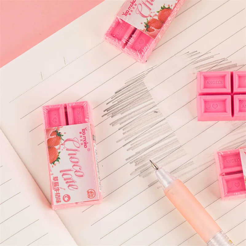 Pencil Eraser 1pcs Strawberry Chocolate Eraser Mini Pink Color Less Dust Cleaning Correcting Tools Office School A7656