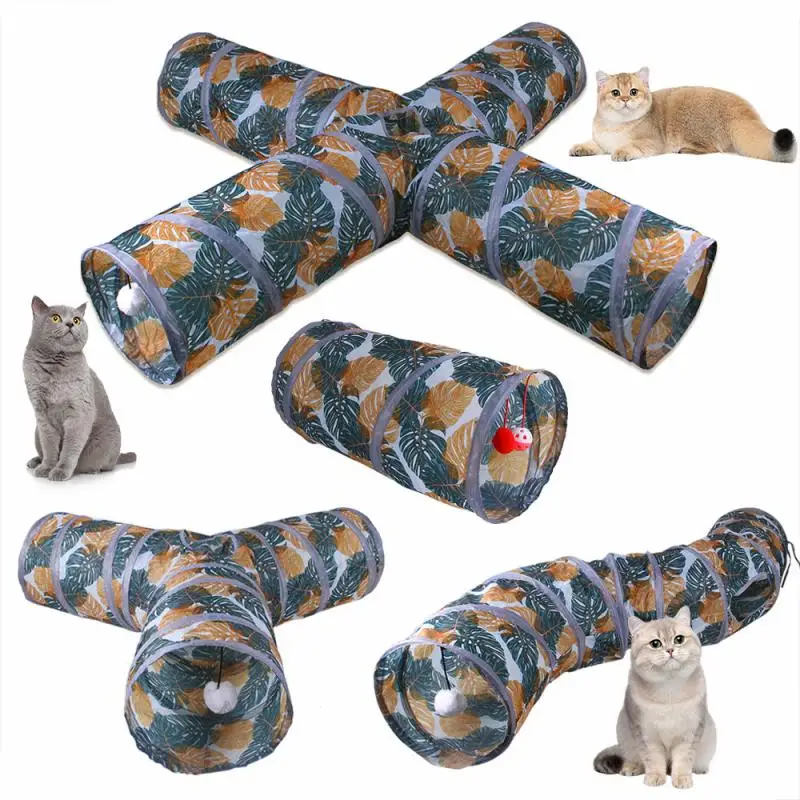 

Складные игрушки для домашних животных, кошек, кошек, тренировочная Интерактивная Веселая игрушка, туннель с принтом листьев, скучающий котенок, кролик, игровой туннель