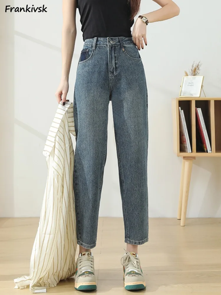 

Simple Harem Jeans Women Solid Cuffs Korean Style Daily Ankle Length Loose Elegant High Waist Harajuku Trendy All-match Summer