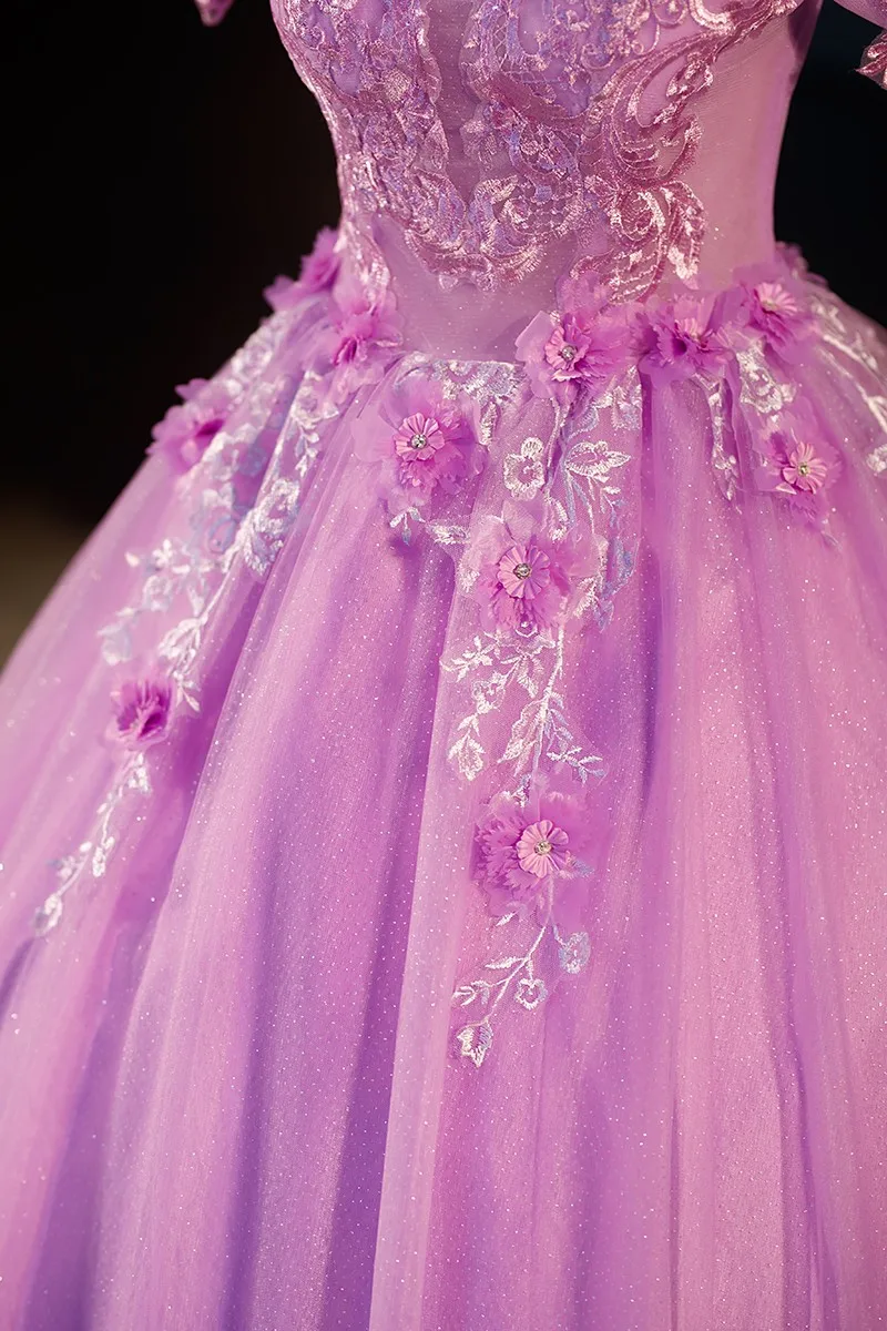 Spring New Purple Quinceanera Dresses With Train Sweet Flower Boho Party Dress Shinny Sequin Ball Gown Luxury Lace Vestidos