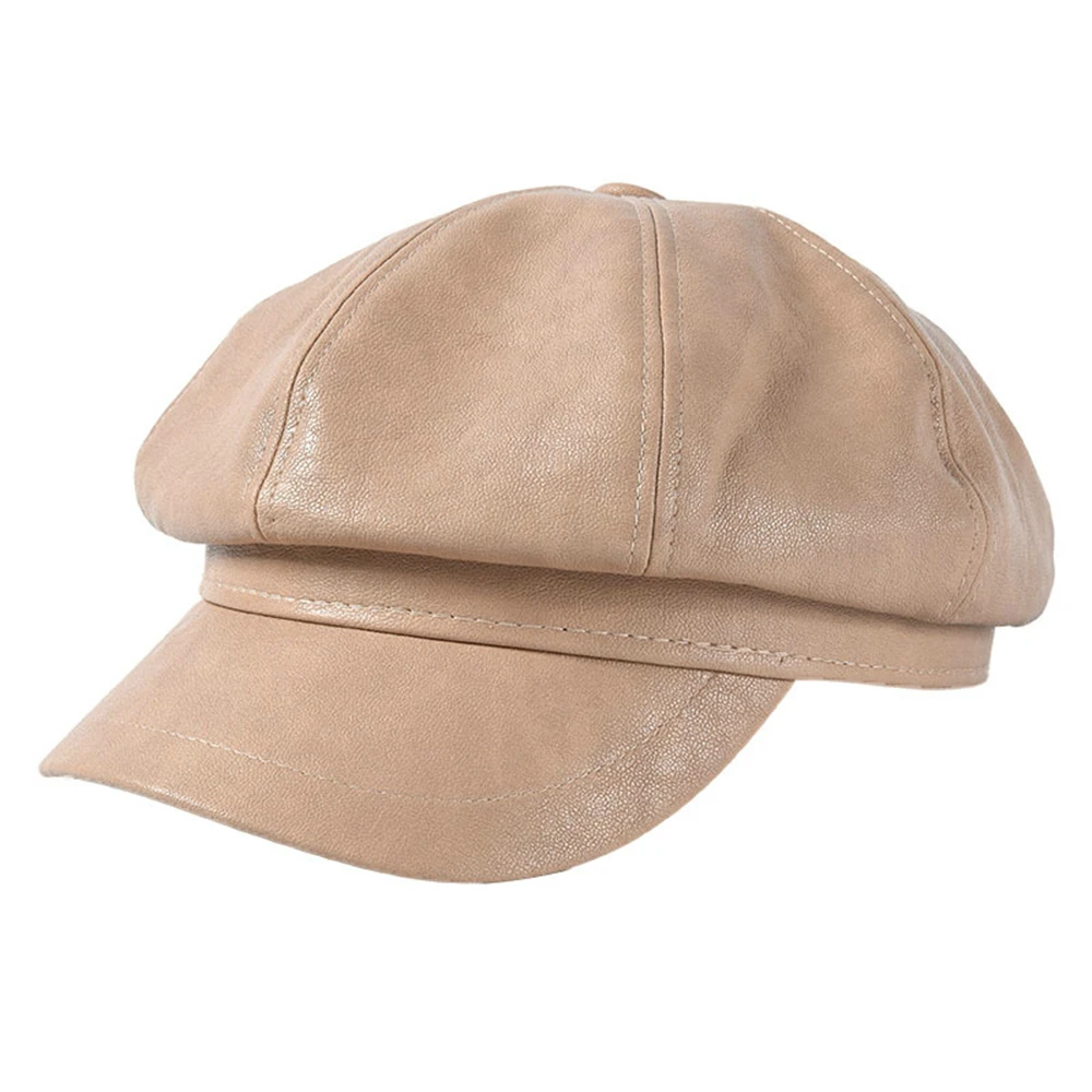 SHOWERSMILE Blue Leather Newsboy Cap Leather Vintage Hat for Women Solid Beret Ladies Brand Ivy Spitfire Cap