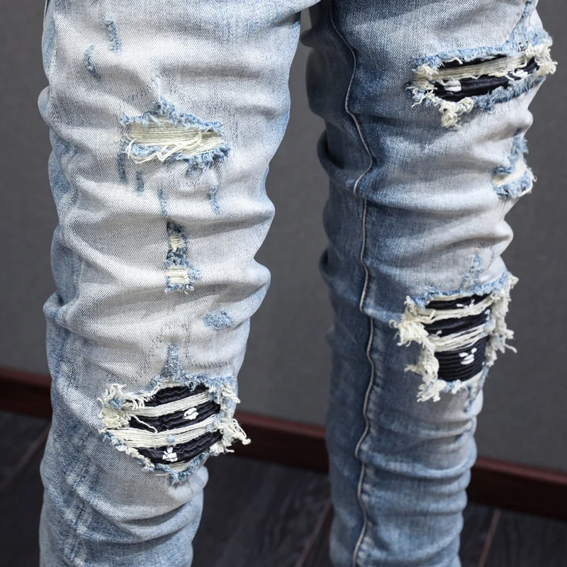 High Street Fashion Men Jeans Retro Washed Blue Elastic Stretch Skinny Fit Ripped Jeans Men Patched Designer Hip Hop Brand Pants