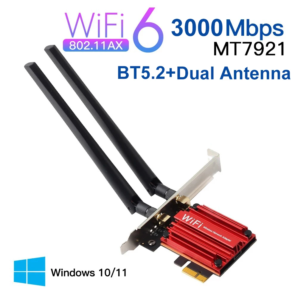 Adaptador sem Fio Pcie Wifi 6e 5400mbps Tri Band Compatível com Bluetooth 5.2 Placa Wifi de Rede para pc Win 10 11 Mt7921 2.4g 5g 6ghz