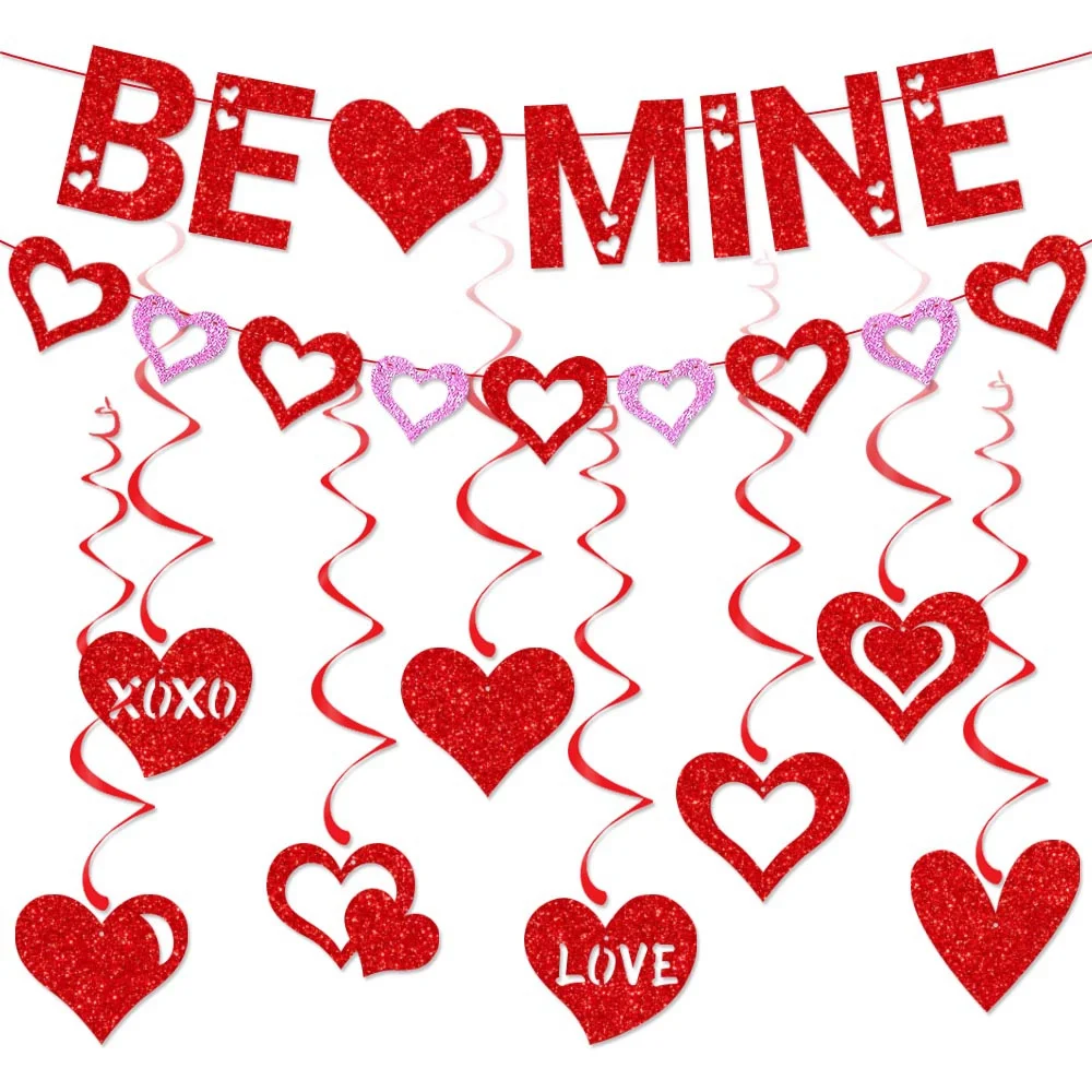 Valentinstag Hängen Banner Girlande Bunting Rot Liebe Herz Papier Banner Tür Hängen Ornament Hochzeit Geburtstag Party Dekoration – Detail 5