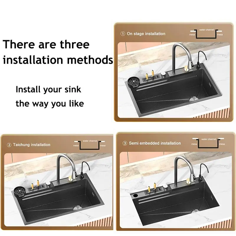 Large Single Slot Embossed Stainless Steel Waterfall Kitchen Sink  Household Wash basin Dishwashing  Sink For Kitchen 6
