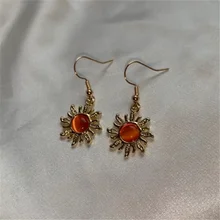 Vintage Fashion Cool Gold Plated Sun Earrings for Women Orange Centre Hooks Earring Statement Party Anniversary Gift Jewelry 