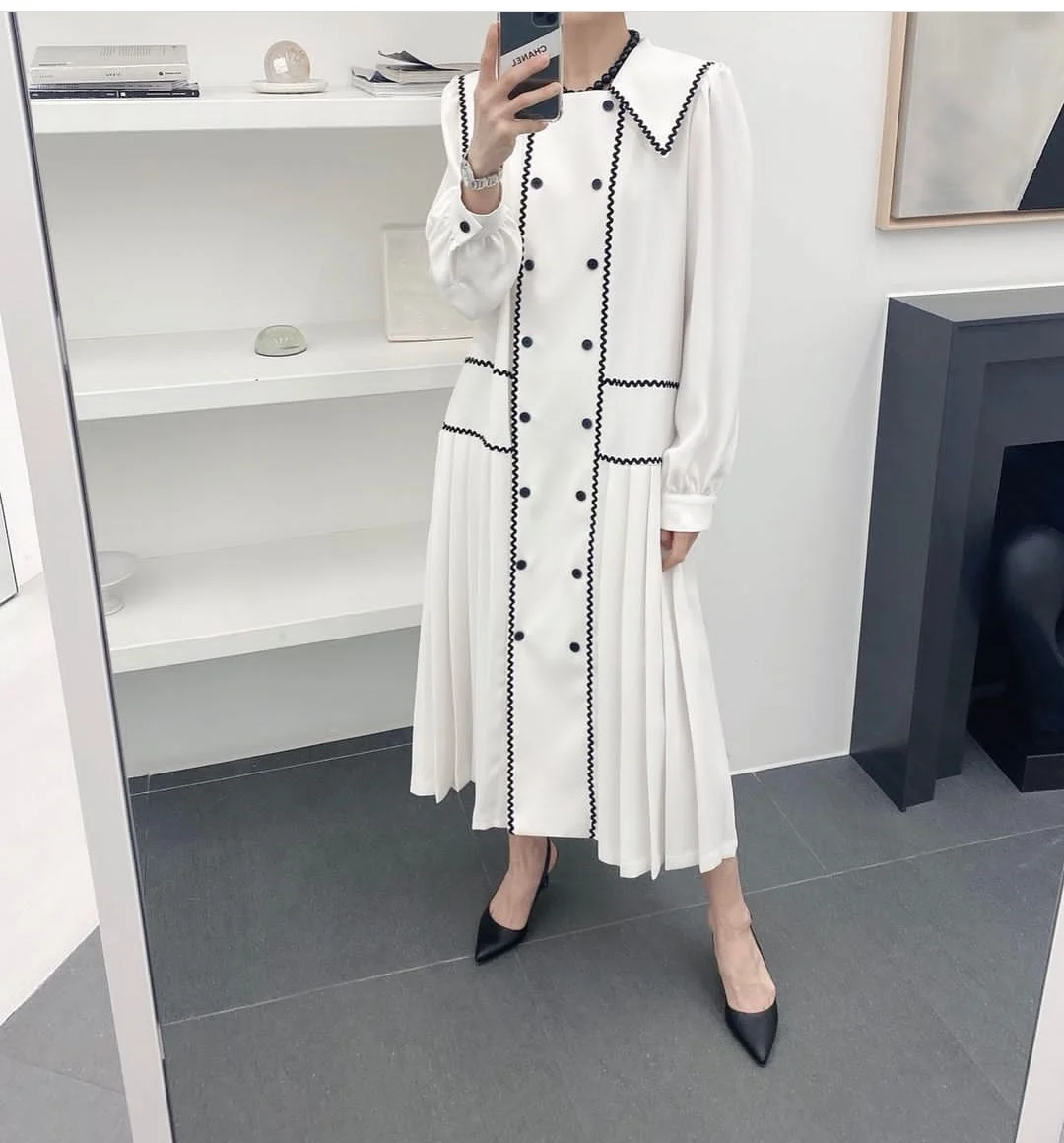 

WTIANYUW Korean Chic Autumn 2022 Long Sleeve Women's Vestidos Straight White Long Dresses Double Breasted Pleated Clothing