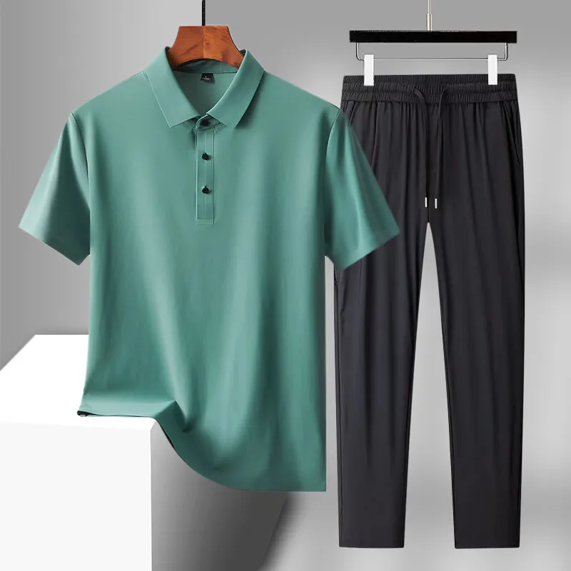 Hochwertige einfarbige Eisseide mit kurzen Ärmeln, POIO- und durchgehenden Hosen, zweiteilige Herren-Sets, Business-Casual-Tops, T-Shirts und Jogginghosen – Detail 4