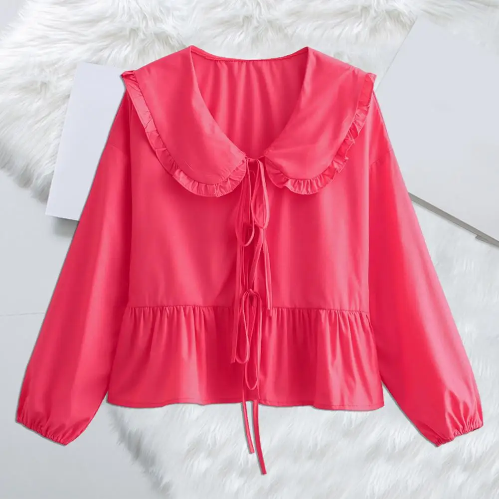 

Lace-up Closure Shirt Commuting Style Blouse Elegant Lace-up Closure Women's Shirt with Ruffle Hem Loose Fit for Summer Casual