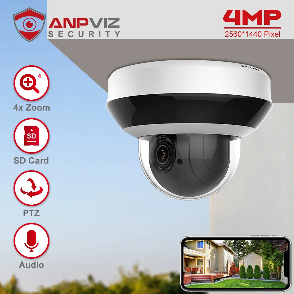 Anpviz 4MP PTZ IP Camera Outdoor Security 4X Zoom Dome POE CCTV Surveillance SD Card Audio H.265 PTZ-N2404I-DE3 Motion Detection