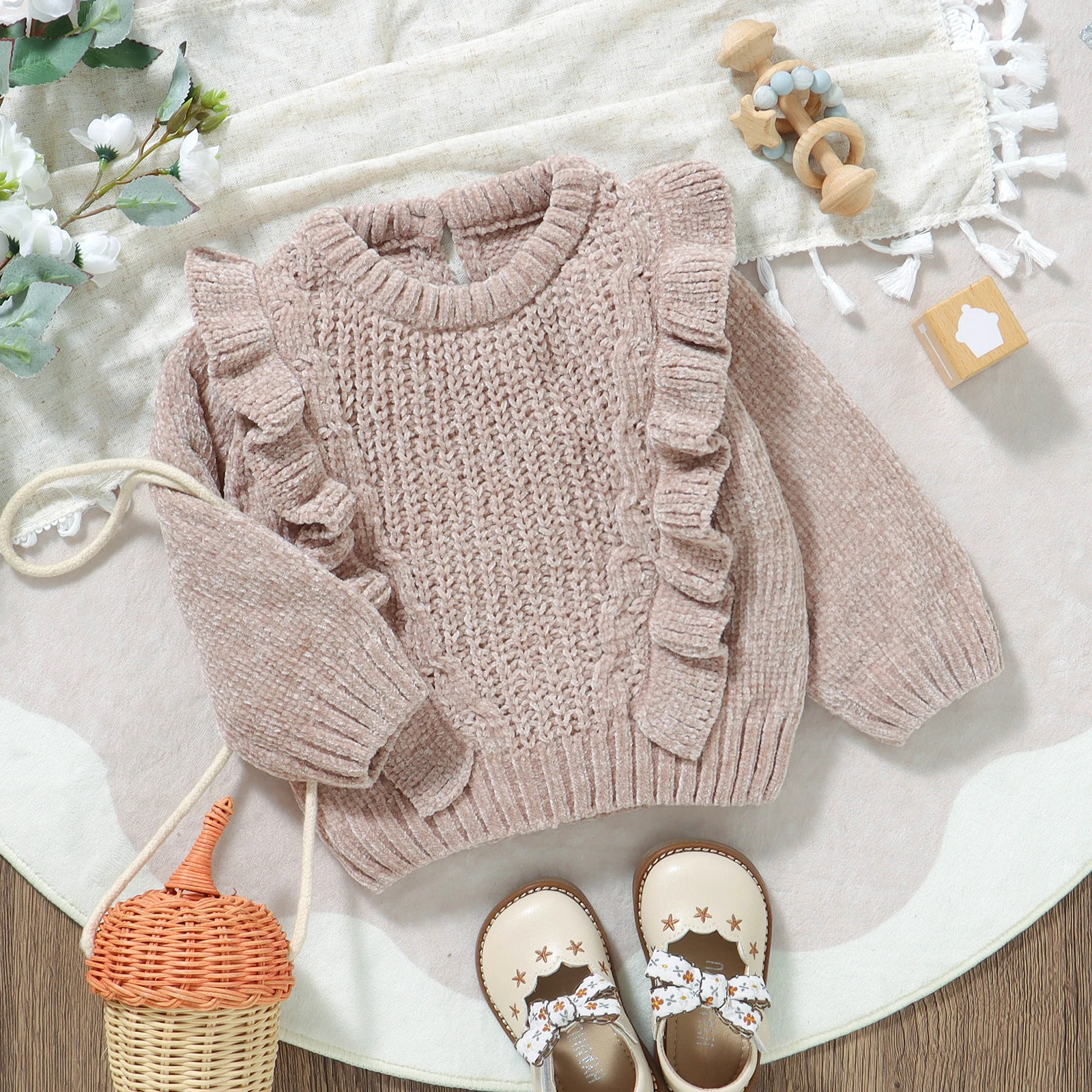 0-3 Years Children Baby Girl Long Sleeve Pullover Crew Neck Frills Warm Knitted Casual Top Clothes Outfits