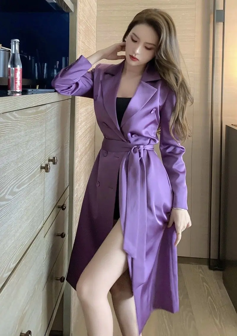 Women'S Spring And Autumn New Double Breasted Lace-Up Draped French Fashion Mid-Length Coat