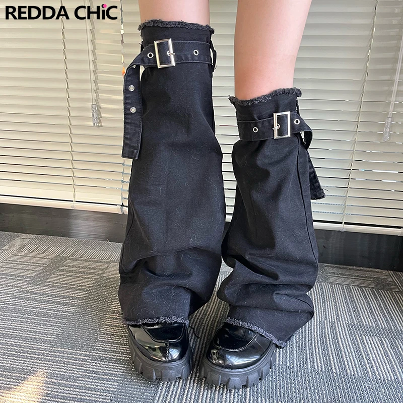 

ReddaChic Goth Black Belt Denim Leg Warmers Thigh-long Raw Hem Grunge Y2k Boots Cover Retro Women's Gaiter Grayu Acubi Fashion