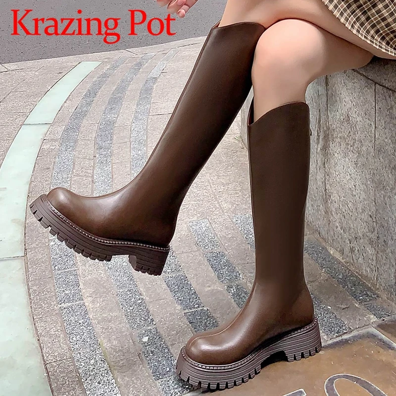 

Krazing Pot Cow Leather Round Toe Med Heels Riding Long Boots Sewing Thread Platform Joker Korean Girl Zipper Thigh High Boots