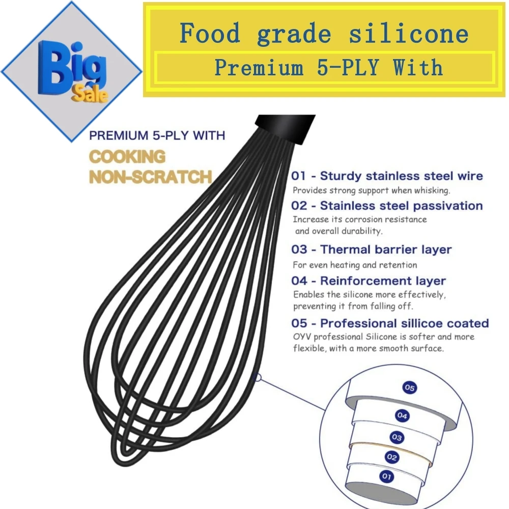 Whisks for Cooking Silicone Egg Beater Stainless Steel Whisk Manual Cream Egg Mixer Stirring Balloon Whisk Baking 5/3/1pcs silicone egg beater