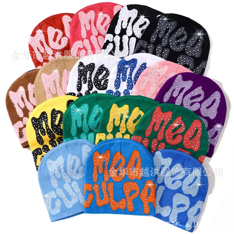 

Hot Diamond Knitting Cap Men Women Quality Wool Cap Warm Kpop Fashion Shiny Rhinestone Take Wool Cap Design Harajuku Beanie