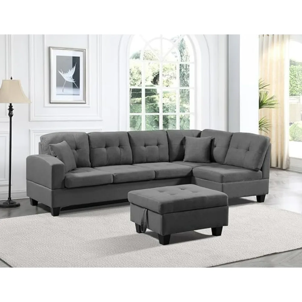 

Living Room Furniture Set, 6 Seat L-Shape Reversible Sectional Couch, Right Chaise with 2 Pillows, Storage Ottoman, Fabric, Grey