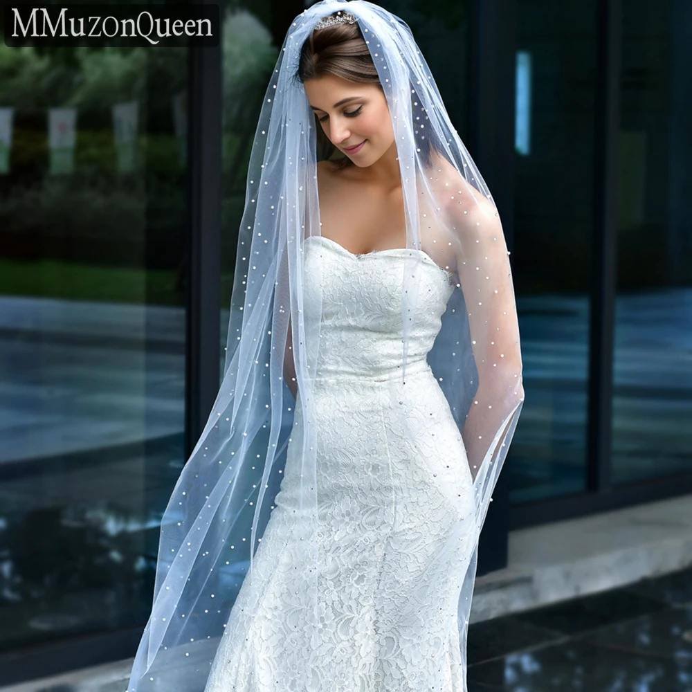 M62 Rhinestone and Pearls Bridal Veils with Comb 1 Tier Long Veil Wedding One Layer Crystal Tulle Bride Veils cathedral bridal shoulder veil white ivory wedding accessories rhinestone appliques tulle long cape cloak shawl veil