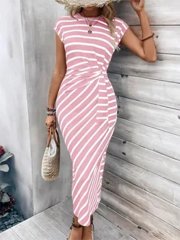 Striped Printed Round Neck Short Sleeve Long Dress 2026 Summer New Long Dress Elegant Waist Fashion High-end Women's Dress 1