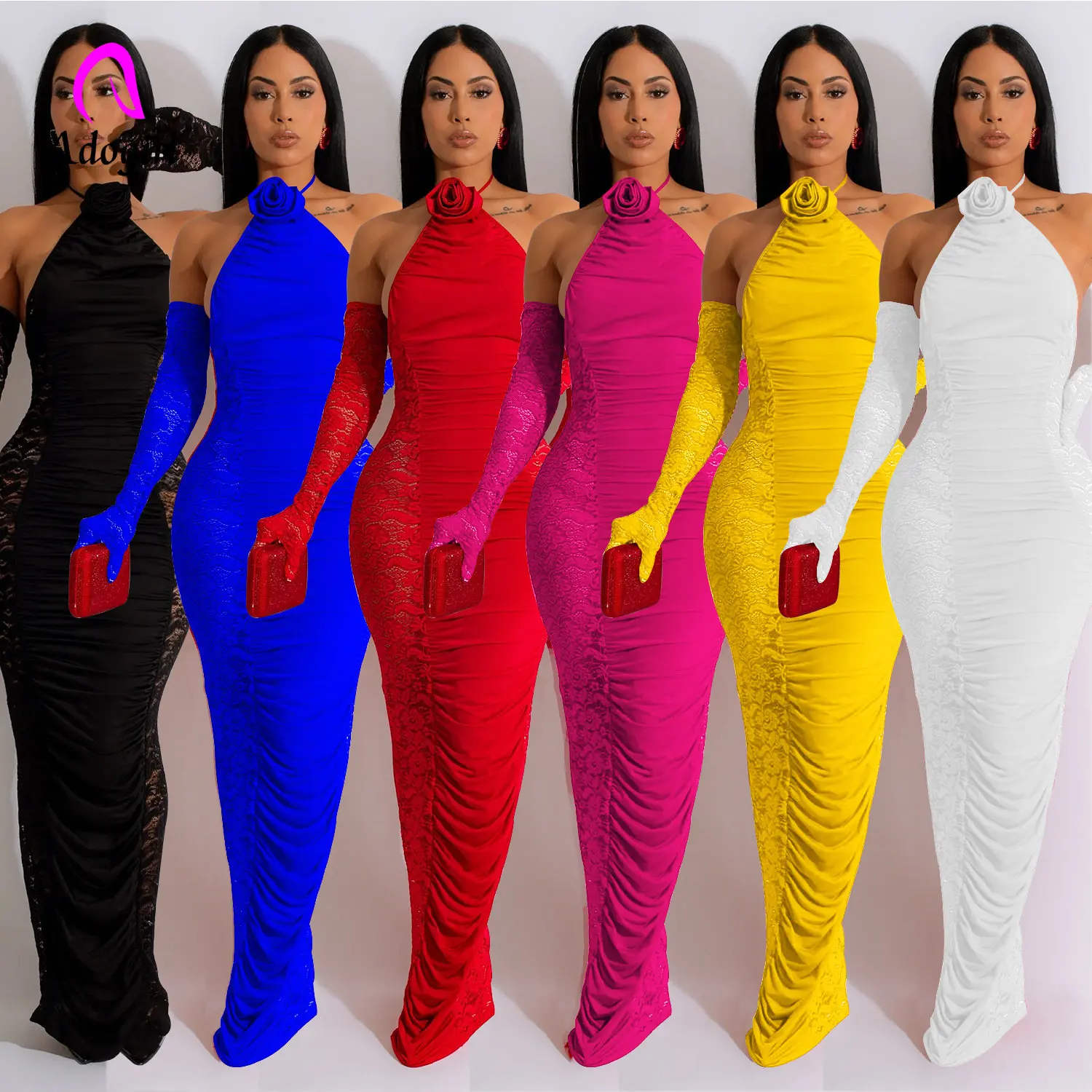 

Lace Patchwork Evening Party Long Dresses with Gloves Hollow Out Women Elegant Flower Halter Backless Ruched Bodycon Maxi Dress