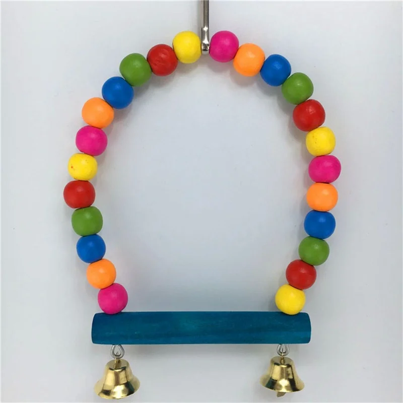 

Natural Wooden Parrots Swing Toy With Colorful Beads Bells Toys Birds Perch Hanging Swings Cage Bird Supplies Drop Ship