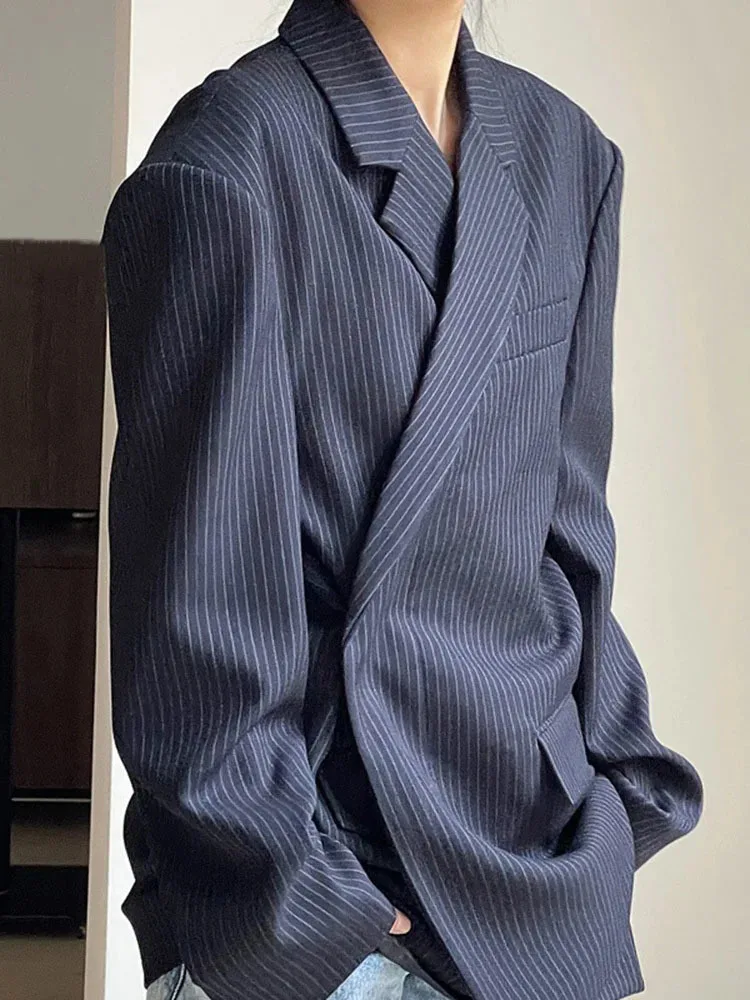 

LJHLJX Striped Design Blazer For Women Notched Single Button Long Sleeve Korean Loose Jackets 2023 Spring New Clothing AH126