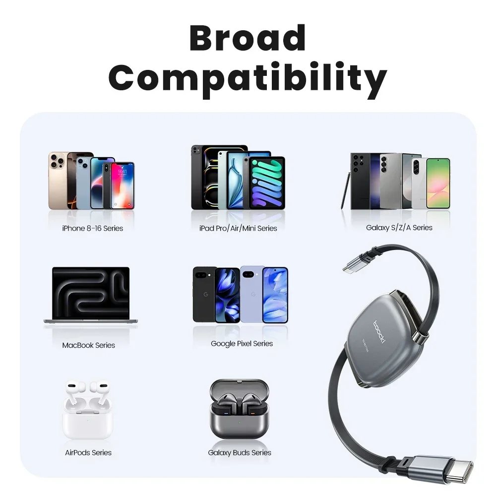 Toocki 100 واط نوع C كابل قابل للسحب آيفون 16 15 ب...