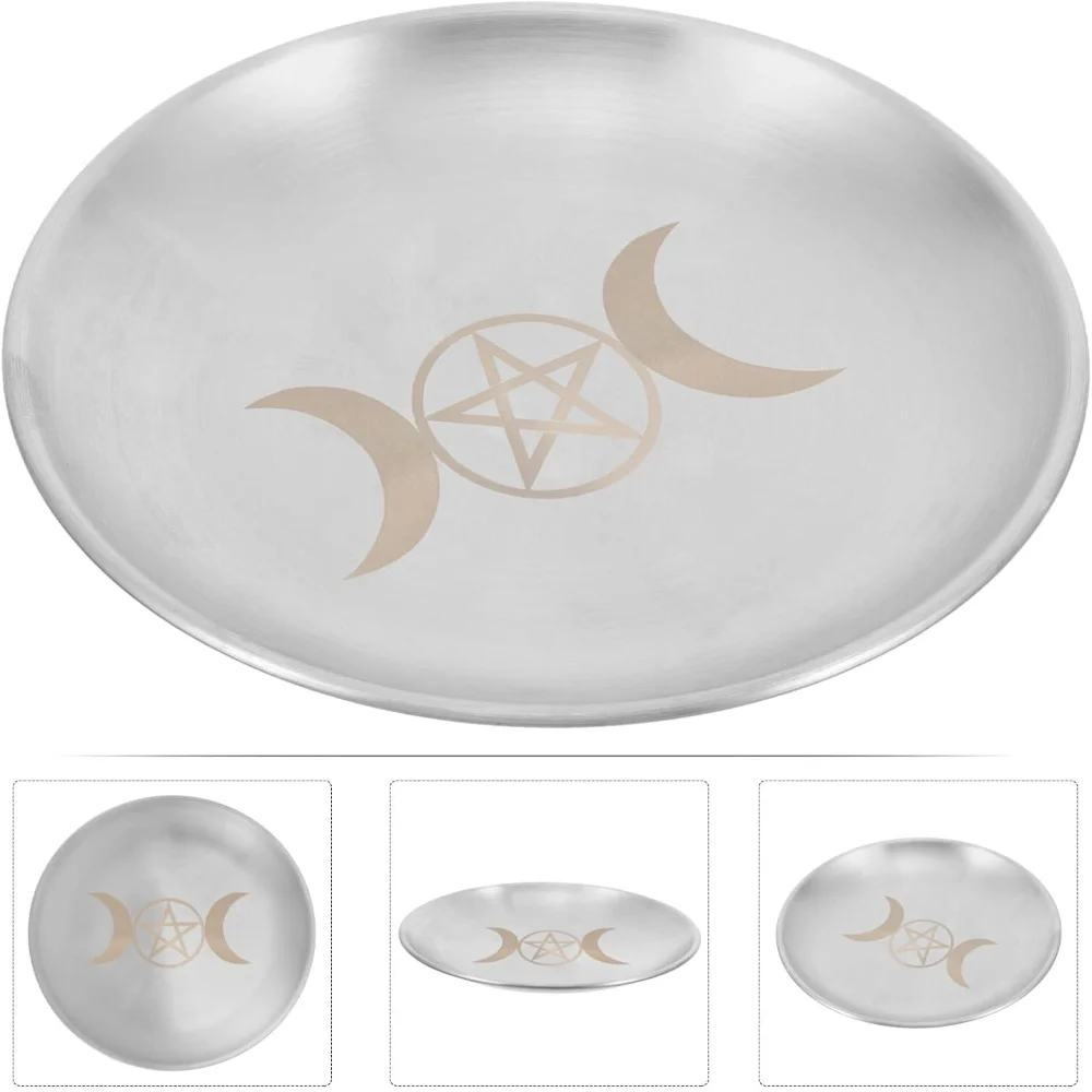 Altar Ritual Plate Vintage Metal Offering Bowl Pentagram Moon Candle Holder Burner Tray for Witchcraft Wiccan Tarot Supplies