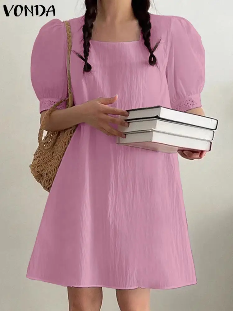 

2023 VONDA Summer Women Party Mini Dress Short Sleeve Solid Color Sundress Casual Loose Sexy Square Collar Elegant Vestidos Robe