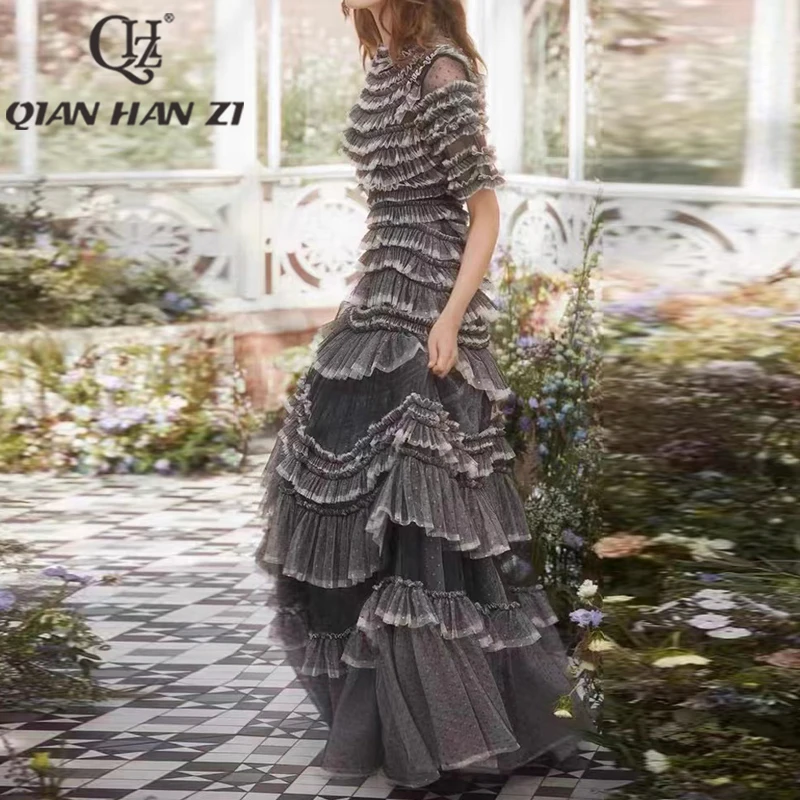 

QHZ Designer Fashion Vintage Runway Maxi Dress woman Short sleeved Dot lace Mesh multilayer Ruffled luxury Long dress