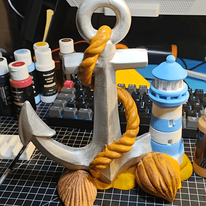 Statuetta Fai-da-Te di Ancora Nautica e Faro per Decorazione Casa e Ufficio a Tema Spiaggia, Ornamento Costiero Fatto a Mano, Regalo Artigianale - immagine 2