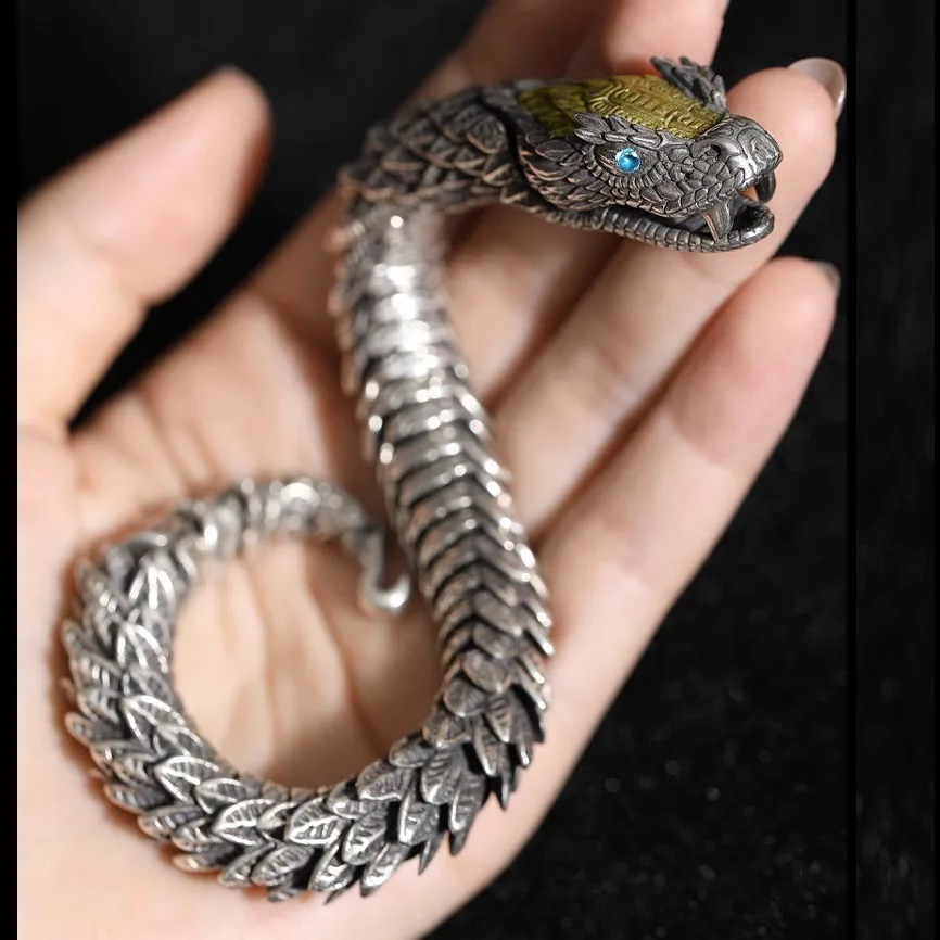 

925 sterling silver vintage handcrafted zodiac snake move financial security safety bracelet men's domineering high-end bracelet