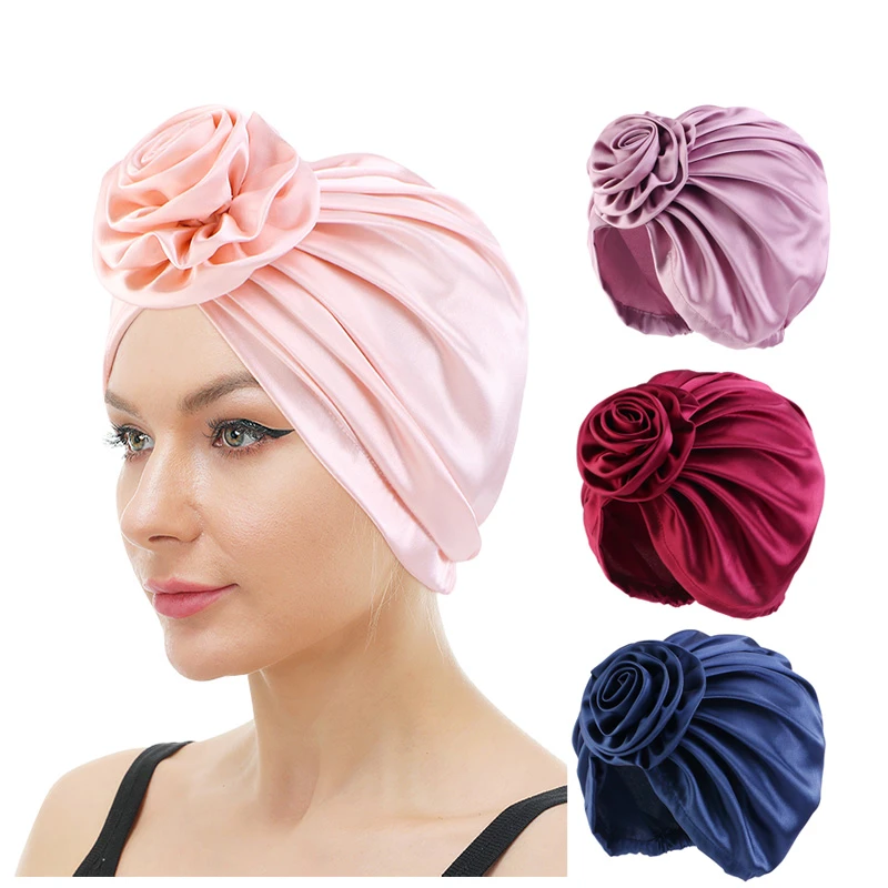 Satin Big Flower Hijab Cap Silky Vintage Turban Hat Women's Hair Cover