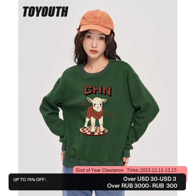 

Toyouth Women Fleece Sweatshirt 2022 Winter Long Sleeve O Neck Loose Hoodie Vintage Sheep Print Warm Casual Streetwear Pullover