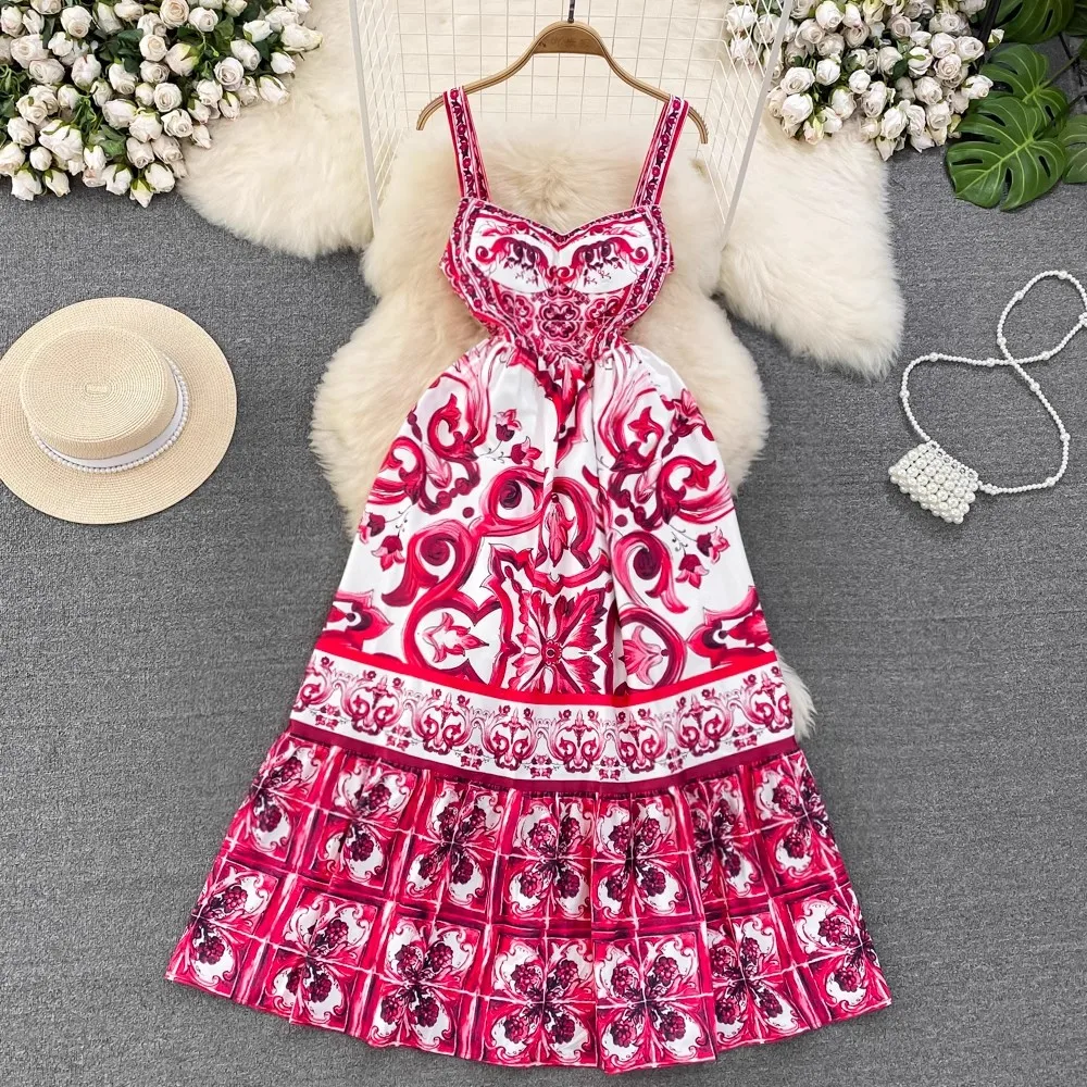 

Fashion Designer Summer Dress Women's V-Neck Spaghetti Strap Sleeveless Red Flower Print Indie Folk Long Pleated Dress M485