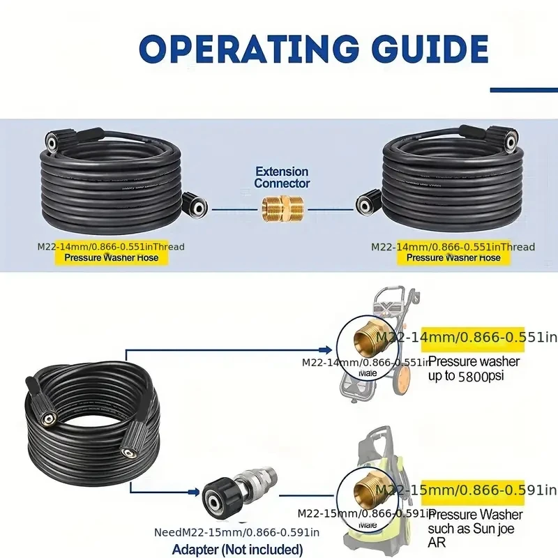 High Pressure Washer Hose 5800 PSI M22-14mm Durable Extension Tube for Efficient Cleaning, 236.22inch/314.96inch/393.7inch/590.5 3