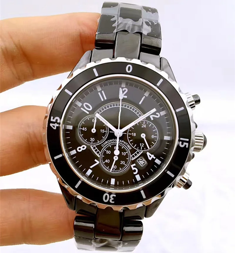 

mens quartz Chronograph Ceramic watch Black White Rose Gold
