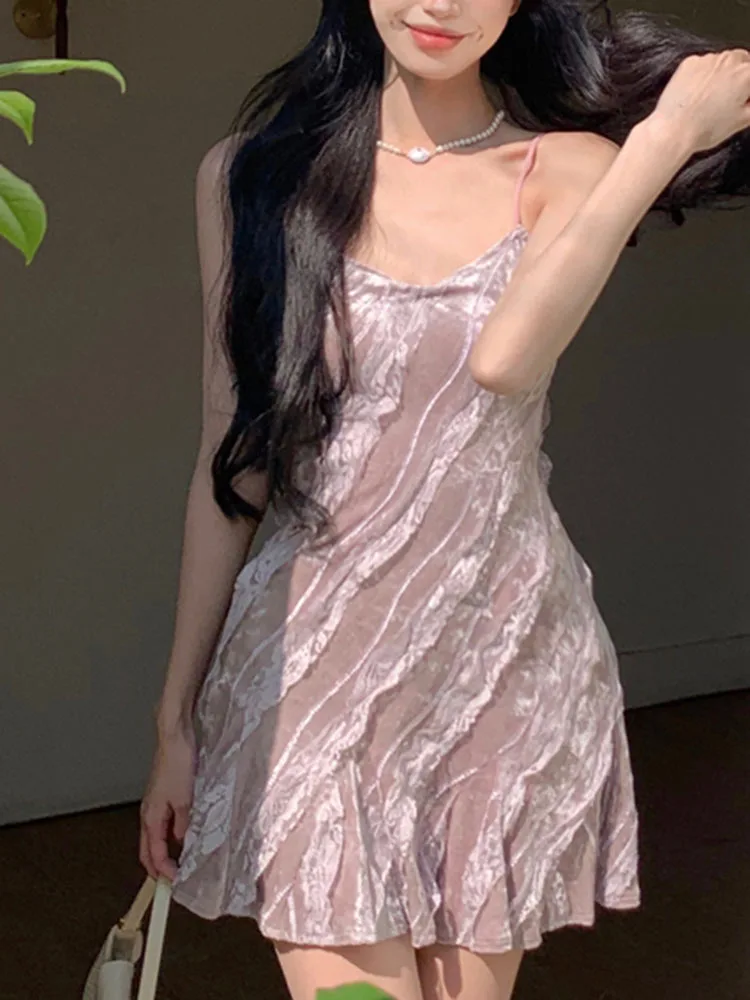 

Velvet Lace stitching Short Dress Women Casual Y2k Mini Dress Female Sleeveless One Piece 2023 Summer Korean Fashion Clothing