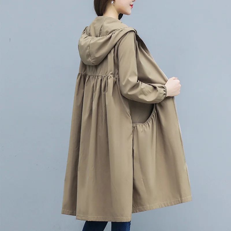 

New Long Coat Thin Trench Coat Women 2022 New Spring Autumn Large Size Loose Hooded Female Windbreaker Casual Outerwear R863