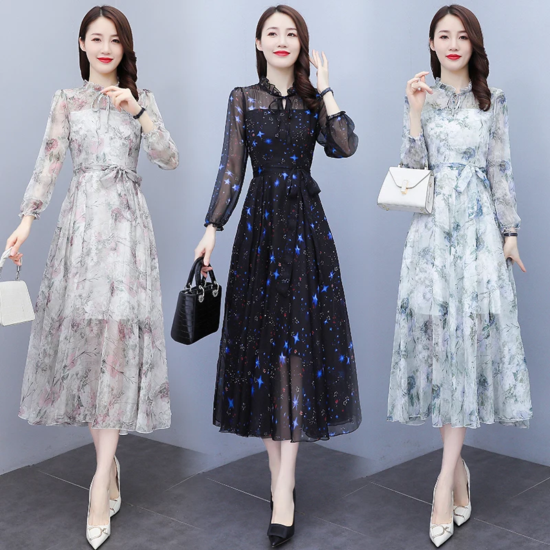 

Floral chiffon long-sleeved dress 2023 autumn new big swing long temperament fairy skirt to the ankle super fairy