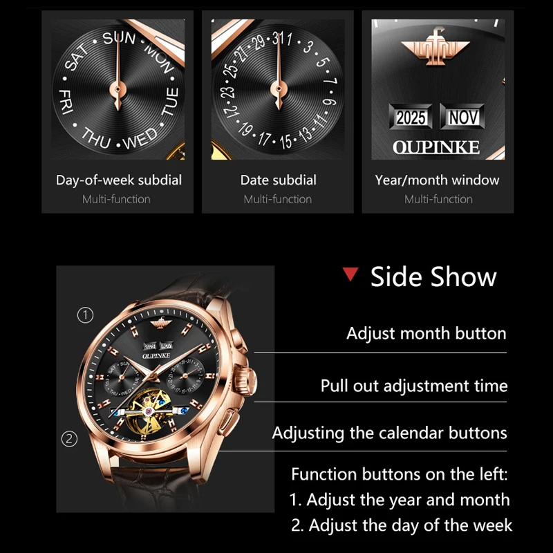OUPINKE 3291 Men Watch Luxury Mechanical Watch Luminous Sapphire Mirror Leather Strap Multifunctional Chronograph With Box