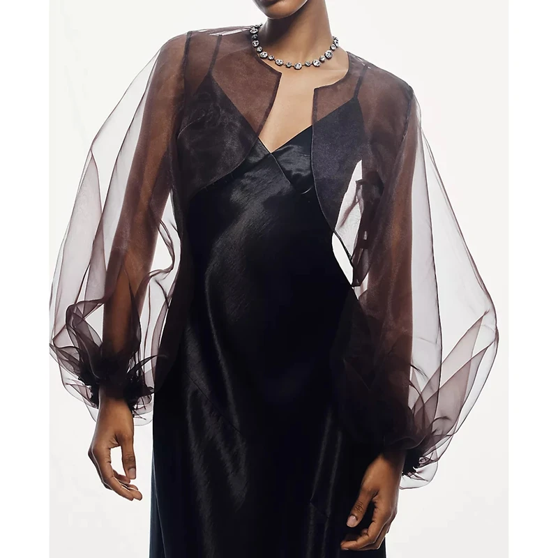 Women's Sheer Mesh Y2k Shrug Organza See Through Bolero Cardigan Crop Puff Long Sleeve Open Front Shawl Cape Shoulder Cover-ups 1