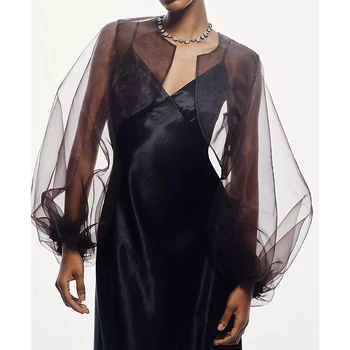 Women's Sheer Mesh Y2k Shrug Organza See Through Bolero Cardigan Crop Puff Long Sleeve Open Front Shawl Cape Shoulder Cover-ups 1