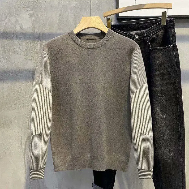 2022 Autumn Winter New Men's Fashion Korean Long Sleeve Striped Patchwork Knitted Sweater Business Casual Knitwear Pullover Tops